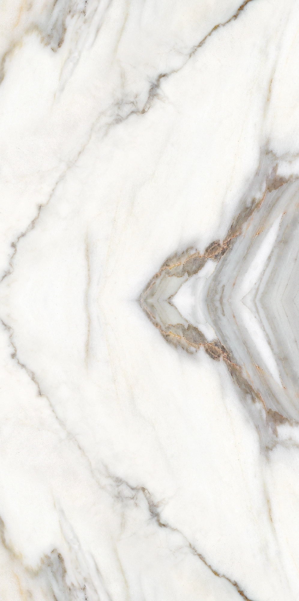 FX ‑ 180 Auric Prism Calacatta Marble flexible marble panel showcasing a luminous white Calacatta background book‑matched into a central diamond prism motif with soft gray and warm gold veins radiating outward like molten metal highlights, by Dunya Home Design.
