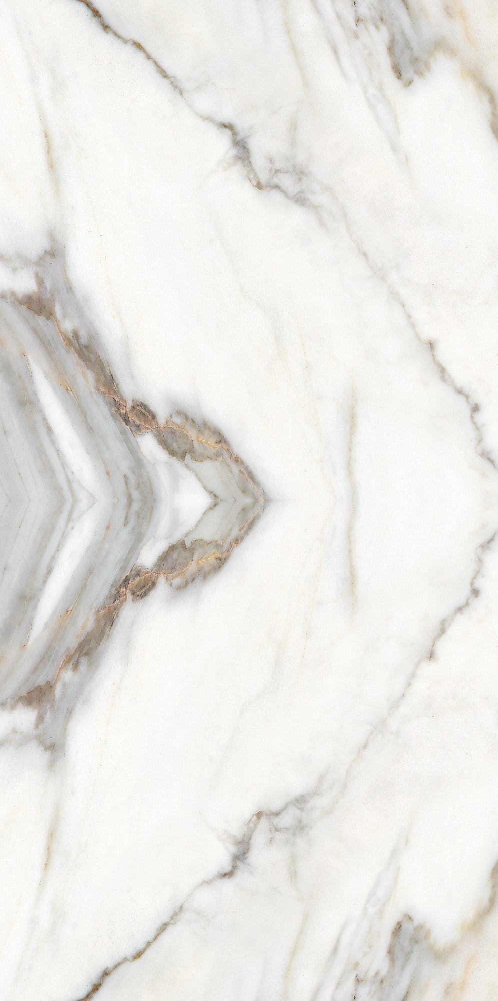 FX ‑ 180 Auric Prism Calacatta Marble flexible marble panel showcasing a luminous white Calacatta background book‑matched into a central diamond prism motif with soft gray and warm gold veins radiating outward like molten metal highlights, by Dunya Home Design.

