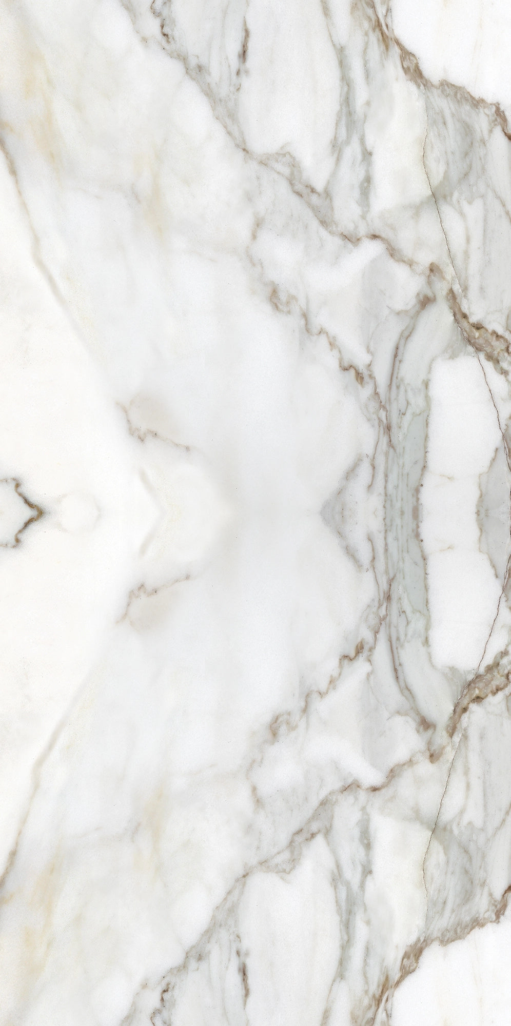 FX ‑ 180 Auric Prism Calacatta Marble flexible marble panel showcasing a luminous white Calacatta background book‑matched into a central diamond prism motif with soft gray and warm gold veins radiating outward like molten metal highlights, by Dunya Home Design.
