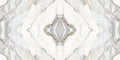 FX ‑ 180 Auric Prism Calacatta Marble flexible marble panel showcasing a luminous white Calacatta background book‑matched into a central diamond prism motif with soft gray and warm gold veins radiating outward like molten metal highlights, by Dunya Home Design.
