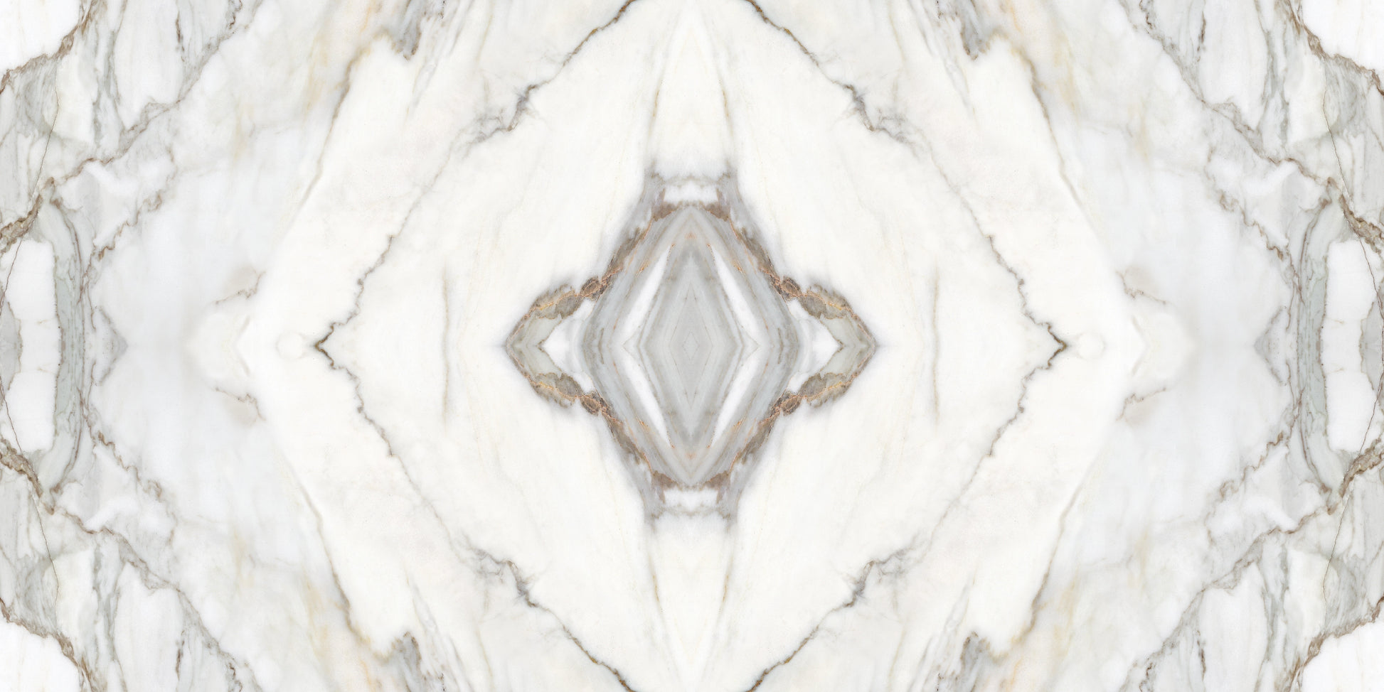 FX ‑ 180 Auric Prism Calacatta Marble flexible marble panel showcasing a luminous white Calacatta background book‑matched into a central diamond prism motif with soft gray and warm gold veins radiating outward like molten metal highlights, by Dunya Home Design.
