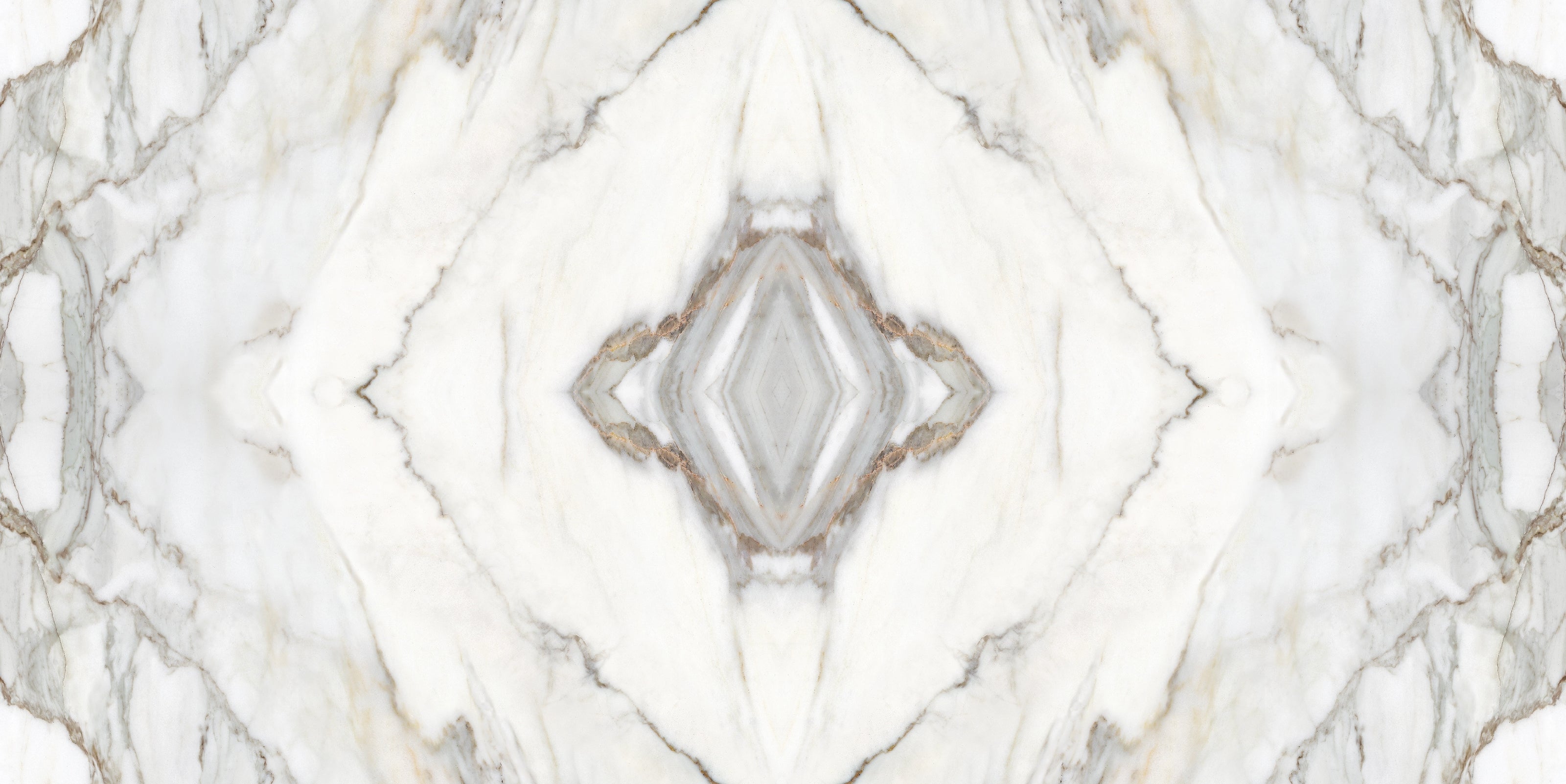 FX ‑ 180 Auric Prism Calacatta Marble flexible marble panel showcasing a luminous white Calacatta background book‑matched into a central diamond prism motif with soft gray and warm gold veins radiating outward like molten metal highlights, by Dunya Home Design.
