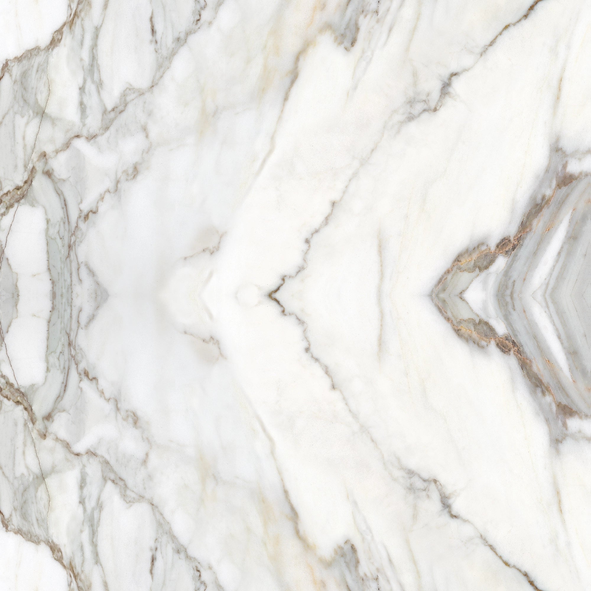 FX ‑ 180 Auric Prism Calacatta Marble flexible marble panel showcasing a luminous white Calacatta background book‑matched into a central diamond prism motif with soft gray and warm gold veins radiating outward like molten metal highlights, by Dunya Home Design.
