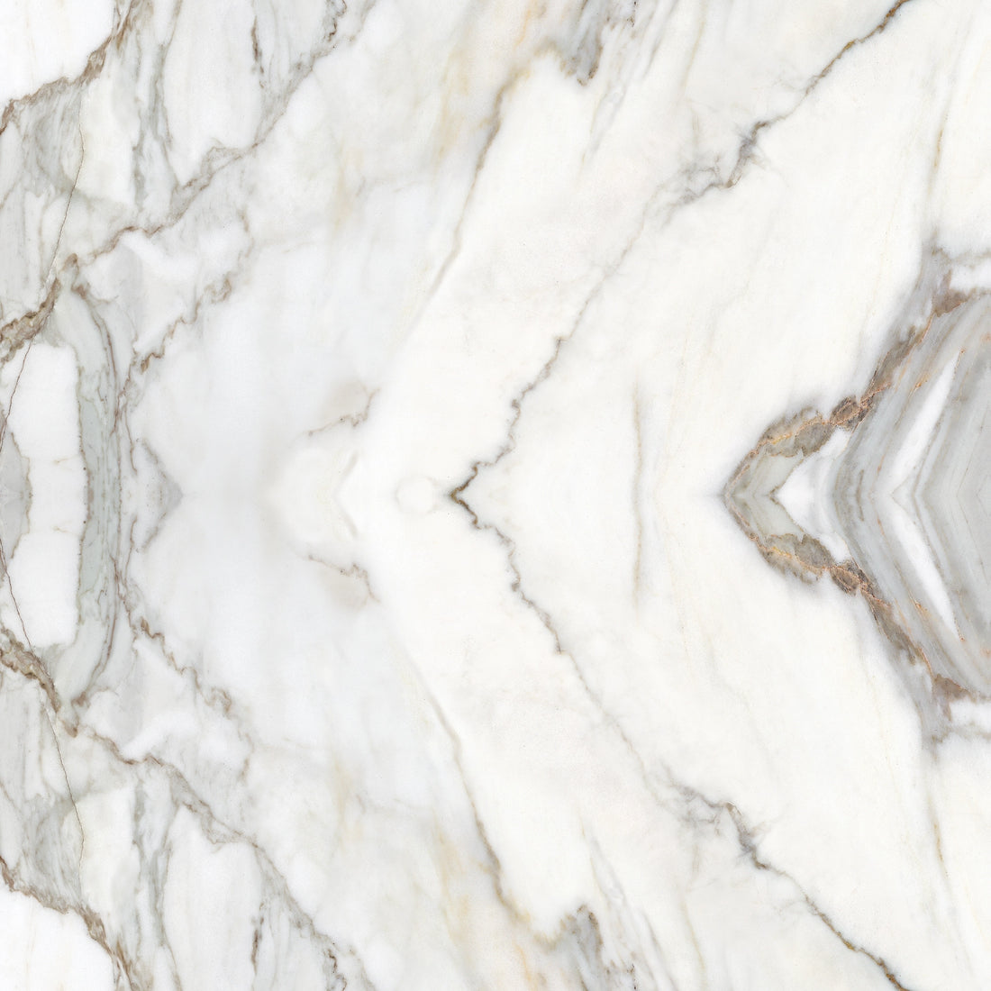 FX ‑ 180 Auric Prism Calacatta Marble flexible marble panel showcasing a luminous white Calacatta background book‑matched into a central diamond prism motif with soft gray and warm gold veins radiating outward like molten metal highlights, by Dunya Home Design.
