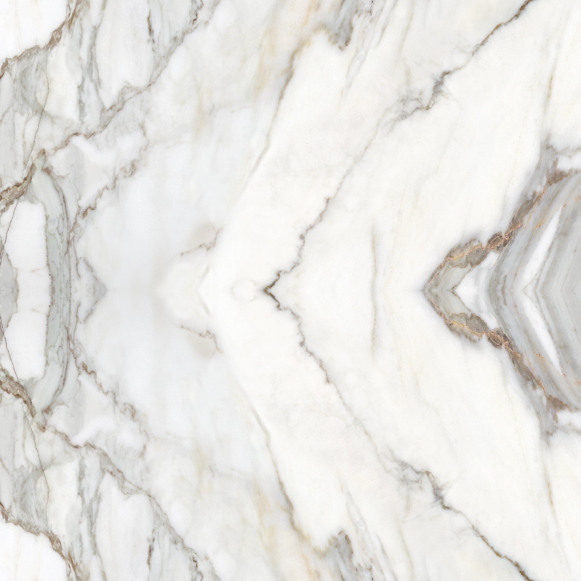 FX ‑ 180 Auric Prism Calacatta Marble flexible marble panel showcasing a luminous white Calacatta background book‑matched into a central diamond prism motif with soft gray and warm gold veins radiating outward like molten metal highlights, by Dunya Home Design.
