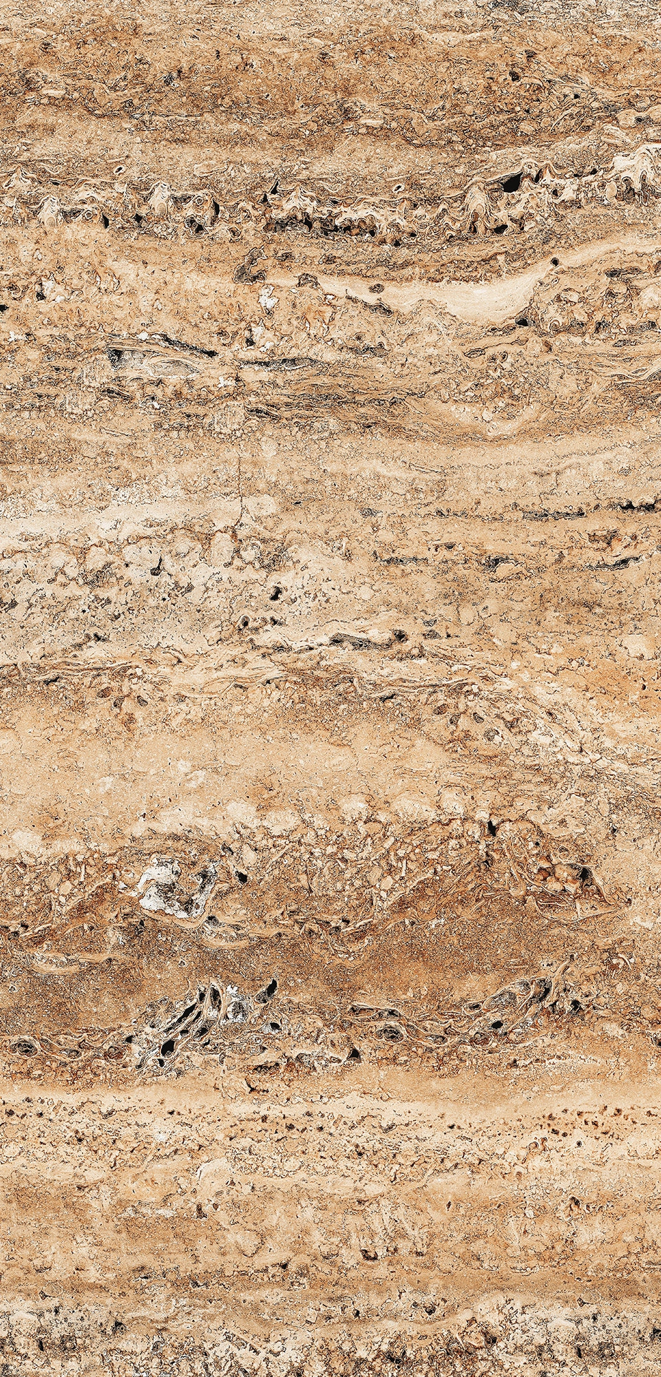 FX‑183 Savannah Strata Marble flexible marble panel showcasing warm, sandy‑beige and honey‑tan horizontal striations interspersed with deeper rust‑brown veins and subtle pitted textures, by Dunya Home Design.