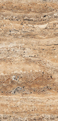 FX‑183 Savannah Strata Marble flexible marble panel showcasing warm, sandy‑beige and honey‑tan horizontal striations interspersed with deeper rust‑brown veins and subtle pitted textures, by Dunya Home Design.