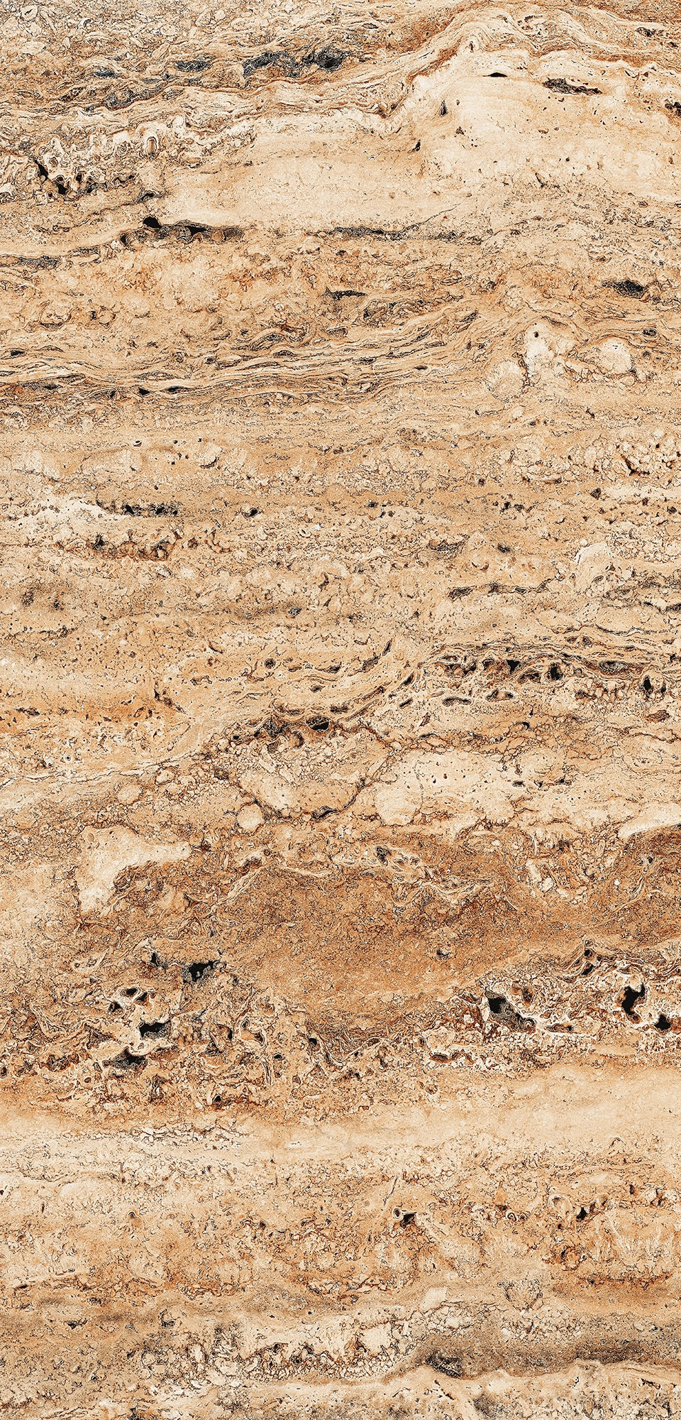 FX‑183 Savannah Strata Marble flexible marble panel showcasing warm, sandy‑beige and honey‑tan horizontal striations interspersed with deeper rust‑brown veins and subtle pitted textures, by Dunya Home Design.