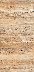 FX‑183 Savannah Strata Marble flexible marble panel showcasing warm, sandy‑beige and honey‑tan horizontal striations interspersed with deeper rust‑brown veins and subtle pitted textures, by Dunya Home Design.