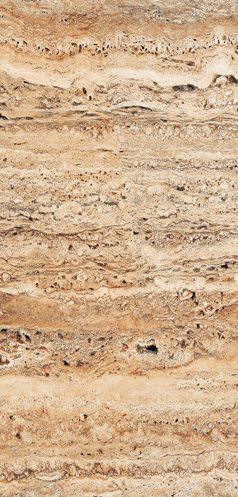 FX‑183 Savannah Strata Marble flexible marble panel showcasing warm, sandy‑beige and honey‑tan horizontal striations interspersed with deeper rust‑brown veins and subtle pitted textures, by Dunya Home Design.