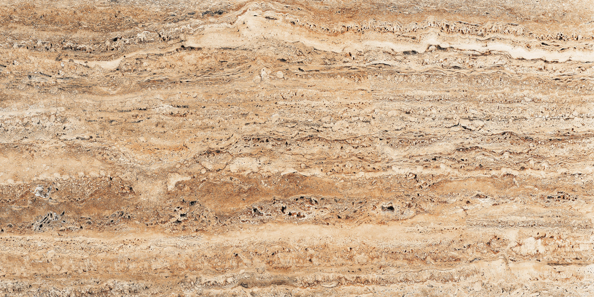 FX‑183 Savannah Strata Marble flexible marble panel showcasing warm, sandy‑beige and honey‑tan horizontal striations interspersed with deeper rust‑brown veins and subtle pitted textures, by Dunya Home Design.