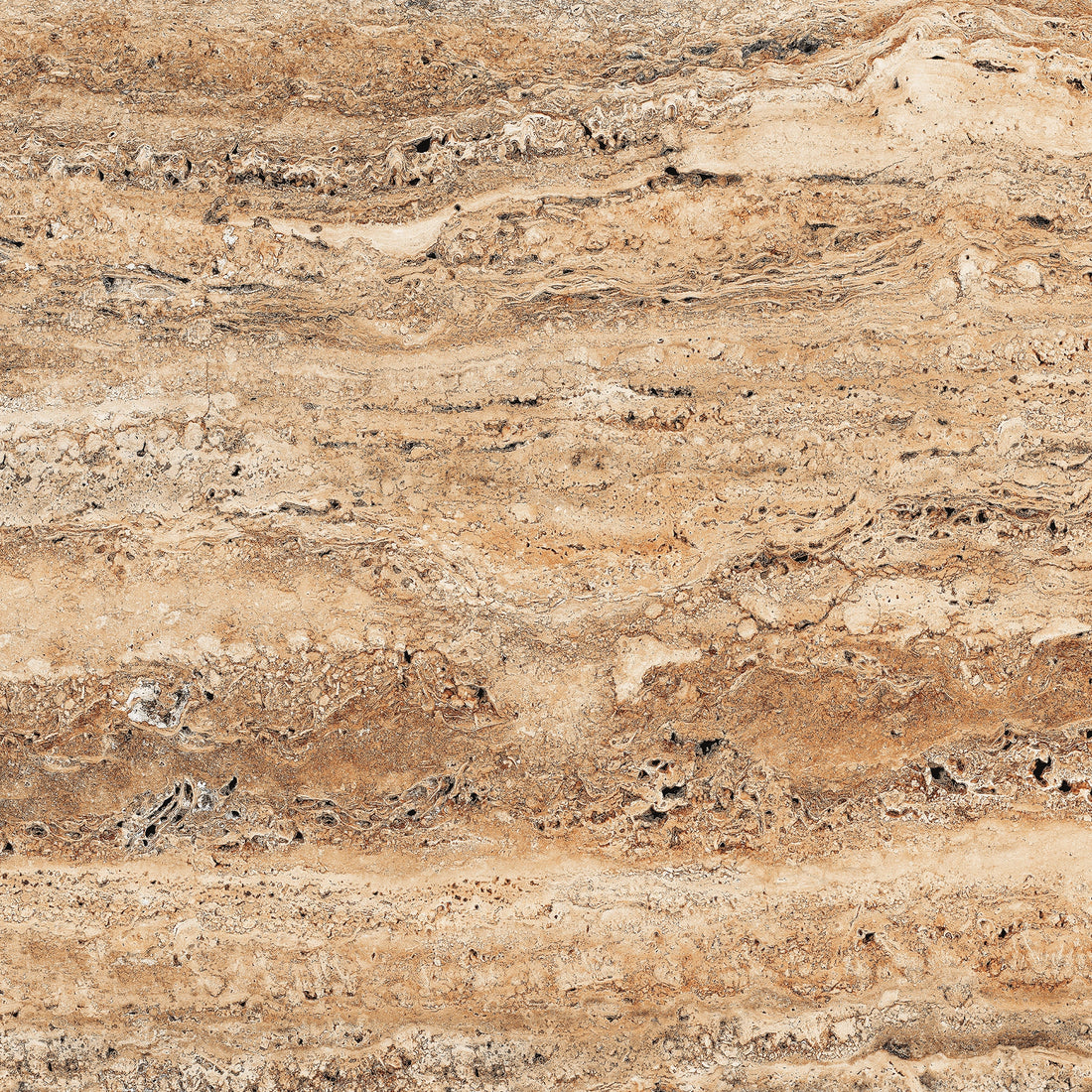 FX‑183 Savannah Strata Marble flexible marble panel showcasing warm, sandy‑beige and honey‑tan horizontal striations interspersed with deeper rust‑brown veins and subtle pitted textures, by Dunya Home Design.