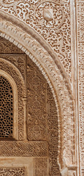 FX‑184 Arabesque Filigree Marble flexible marble panel showcasing a symmetrical Moorish arch motif filled with intricate, lace‑like arabesque carving in warm sandstone‑beige hues, by Dunya Home Design.

