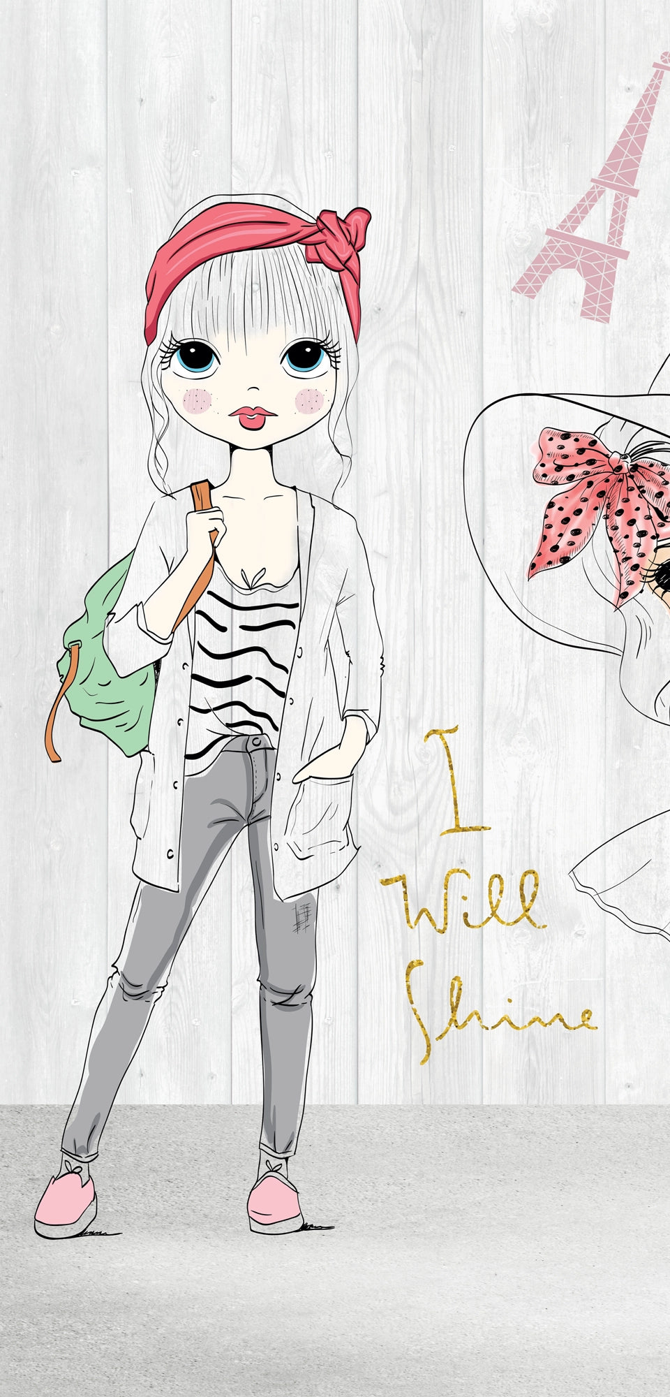 Whimsical marble surface featuring illustrated teen girls with fashion accessories, floral crowns, bicycles, and Parisian elements on a light wood background