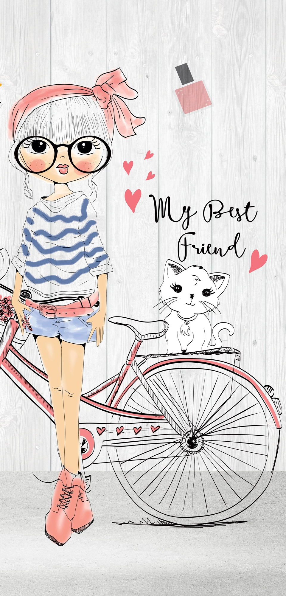 Whimsical marble surface featuring illustrated teen girls with fashion accessories, floral crowns, bicycles, and Parisian elements on a light wood background