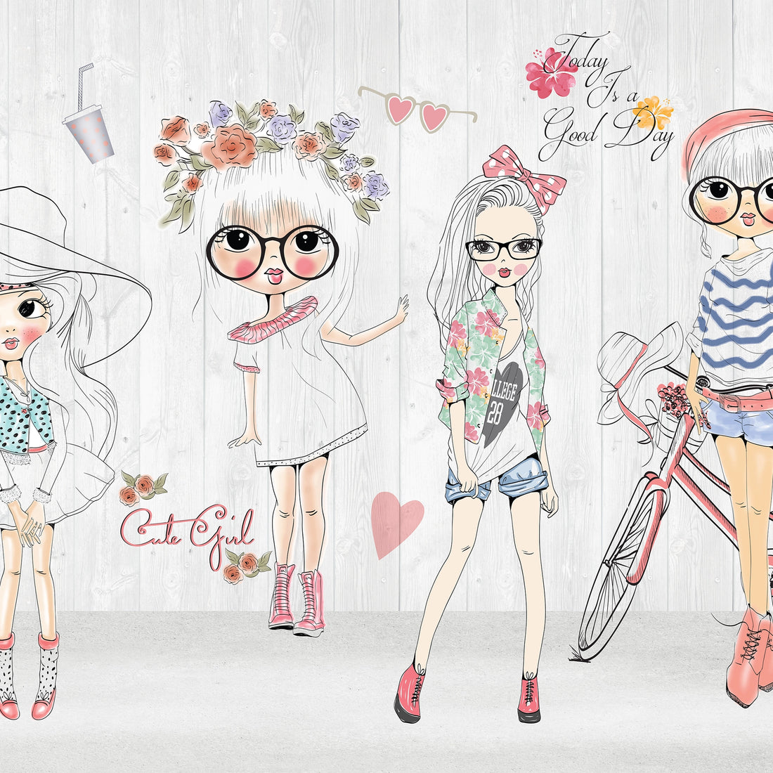 Whimsical marble surface featuring illustrated teen girls with fashion accessories, floral crowns, bicycles, and Parisian elements on a light wood background
