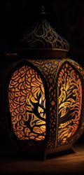 Marble mural of ornate antique lanterns glowing with warm light, featuring intricate carved patterns in a rich, ambient setting
