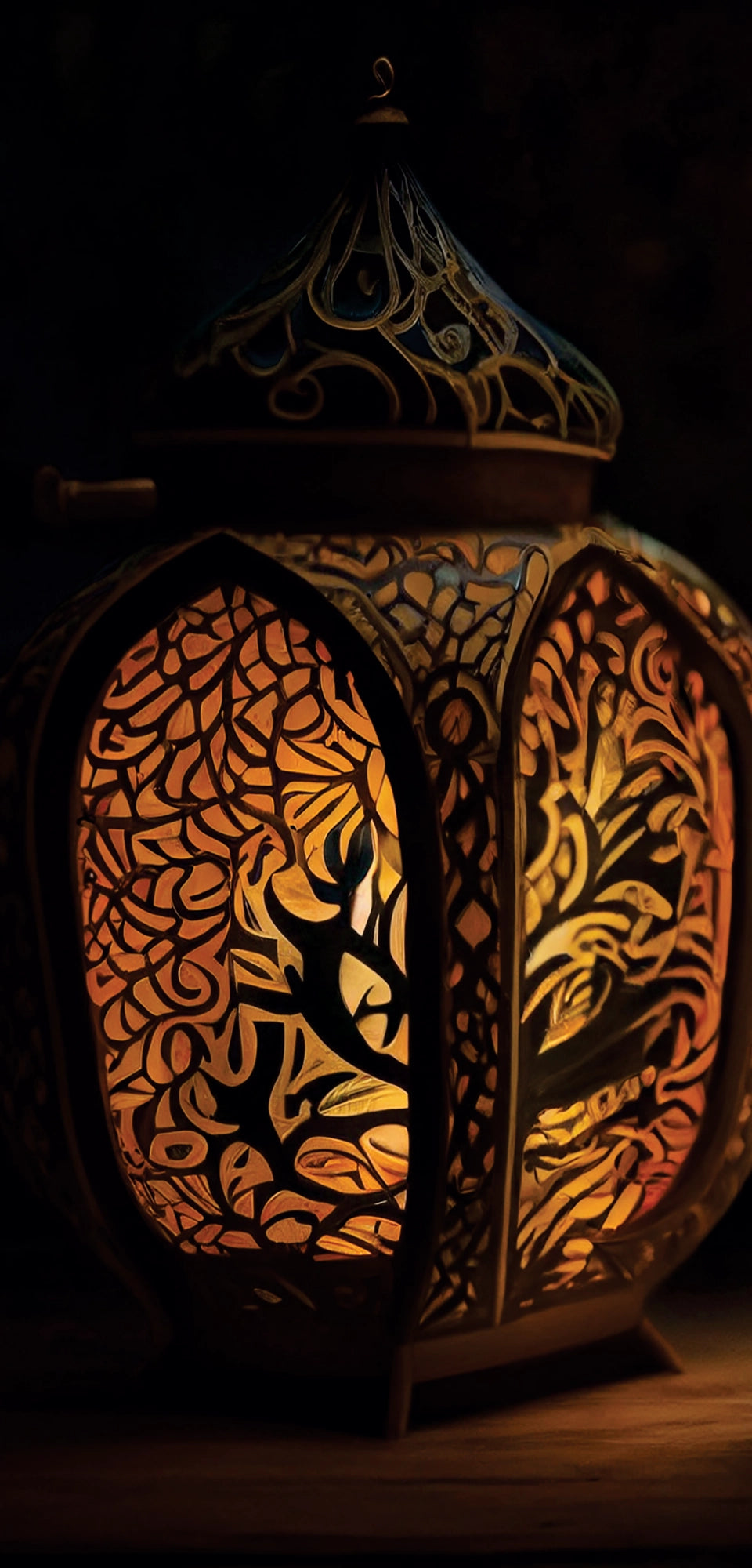 Marble mural of ornate antique lanterns glowing with warm light, featuring intricate carved patterns in a rich, ambient setting