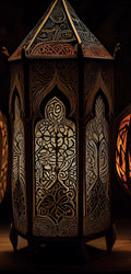 Marble mural of ornate antique lanterns glowing with warm light, featuring intricate carved patterns in a rich, ambient setting