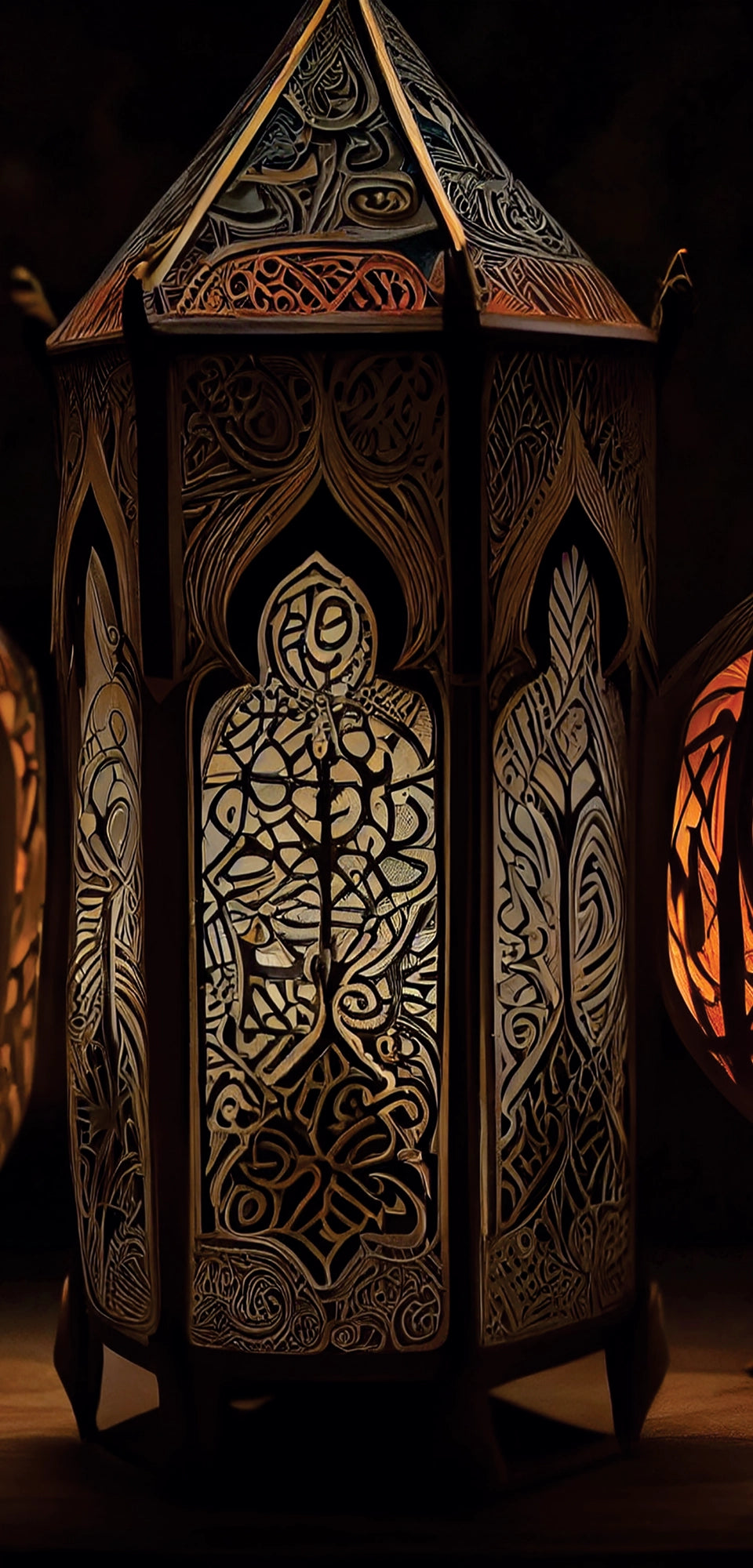 Marble mural of ornate antique lanterns glowing with warm light, featuring intricate carved patterns in a rich, ambient setting