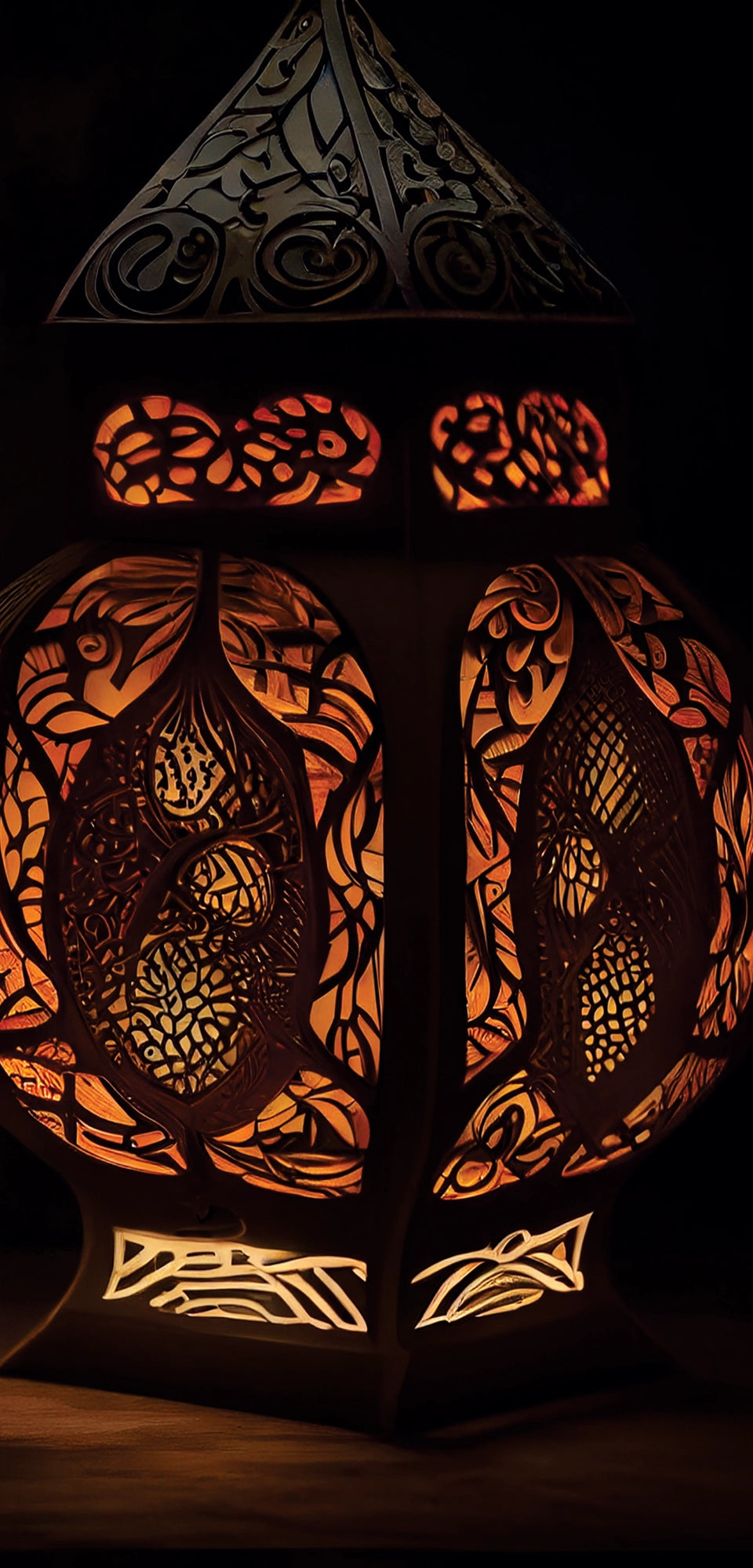 Marble mural of ornate antique lanterns glowing with warm light, featuring intricate carved patterns in a rich, ambient setting