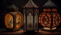 Marble mural of ornate antique lanterns glowing with warm light, featuring intricate carved patterns in a rich, ambient setting