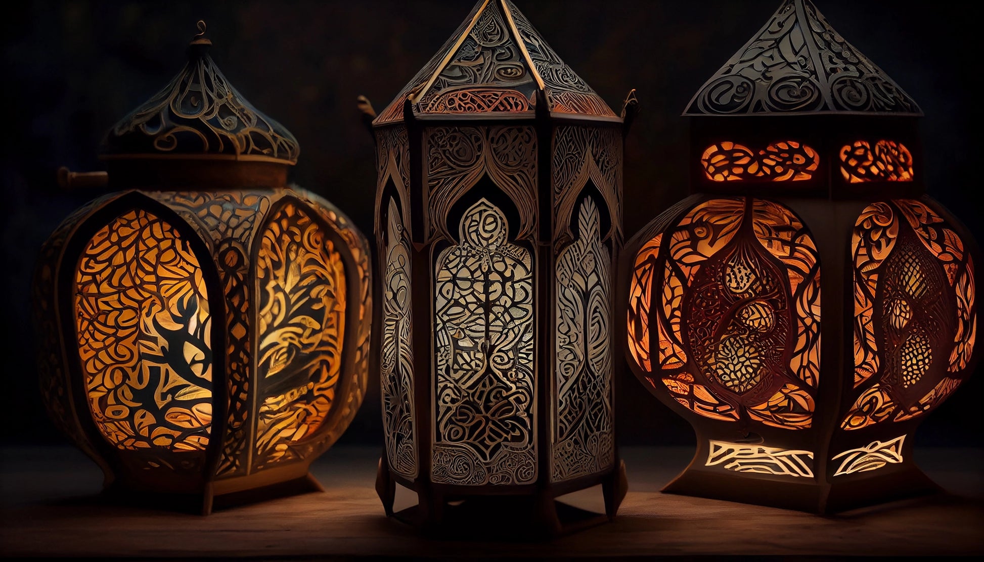 Marble mural of ornate antique lanterns glowing with warm light, featuring intricate carved patterns in a rich, ambient setting