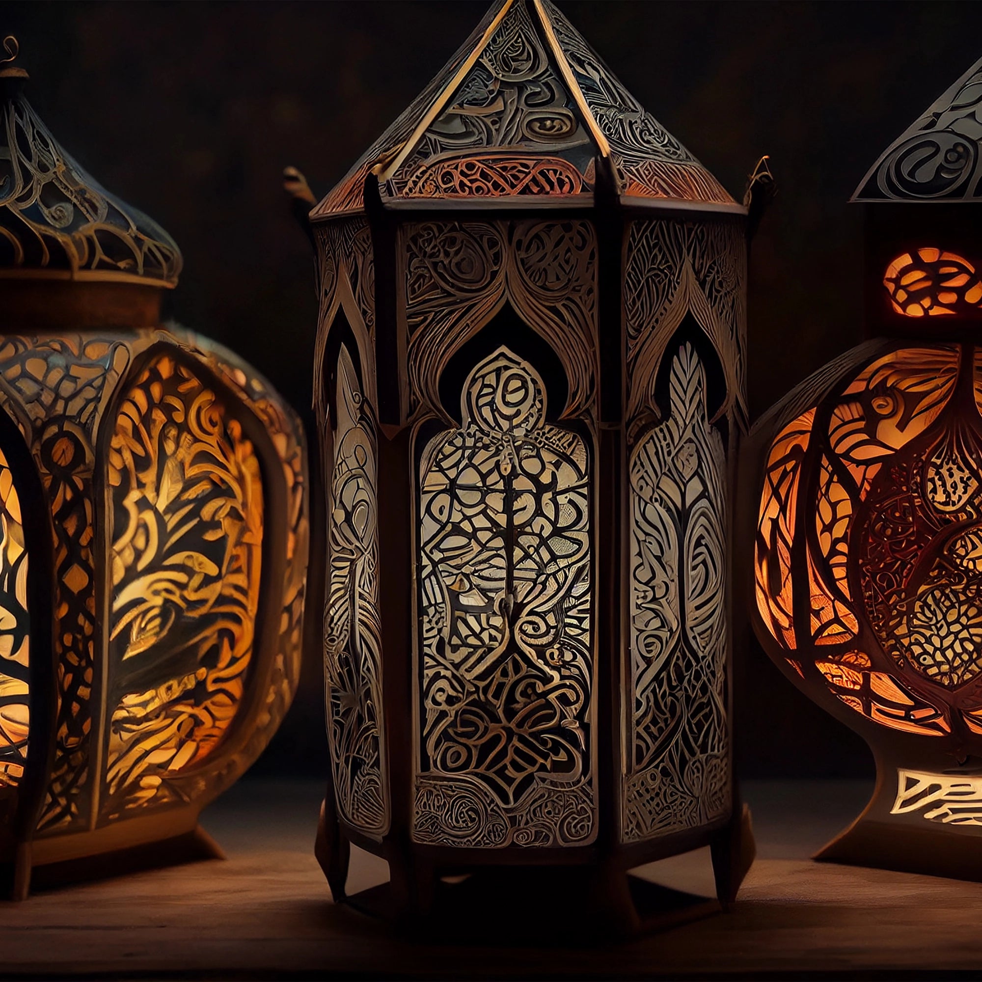 Marble mural of ornate antique lanterns glowing with warm light, featuring intricate carved patterns in a rich, ambient setting