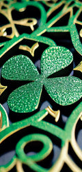  Sparkling green clover centerpiece with gold-accented Celtic motifs — FX162 Clover by Dunya Home Design.