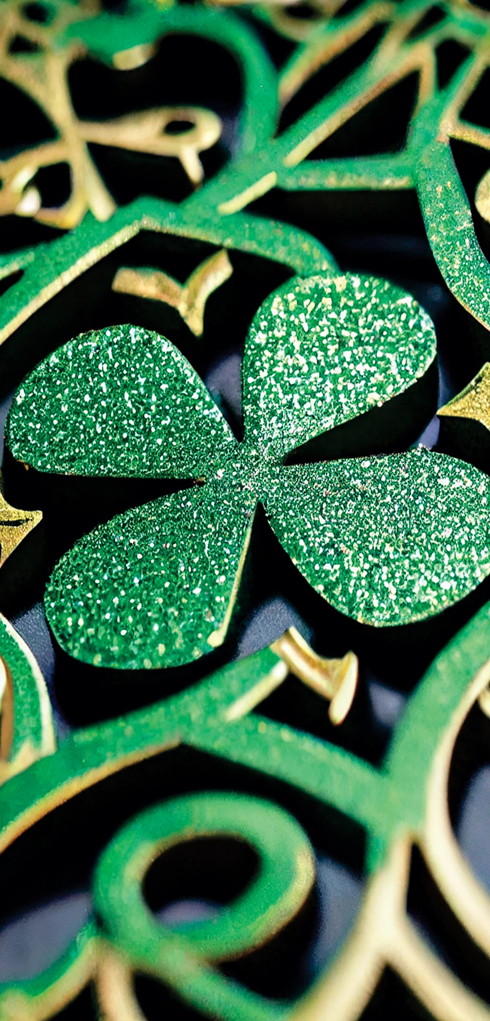  Sparkling green clover centerpiece with gold-accented Celtic motifs — FX162 Clover by Dunya Home Design.