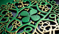  Sparkling green clover centerpiece with gold-accented Celtic motifs — FX162 Clover by Dunya Home Design.