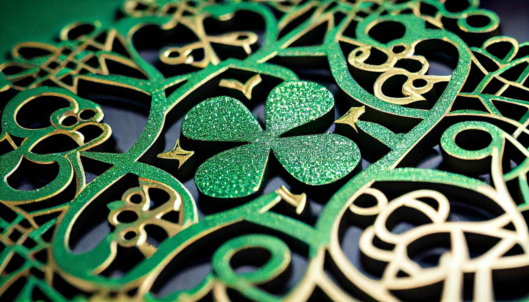  Sparkling green clover centerpiece with gold-accented Celtic motifs — FX162 Clover by Dunya Home Design.