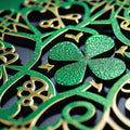  Sparkling green clover centerpiece with gold-accented Celtic motifs — FX162 Clover by Dunya Home Design.