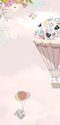 Whimsical pastel-themed marble panel featuring illustrated bunnies floating with balloons, a floral hot air balloon, birds, and dreamy clouds on a soft pink background