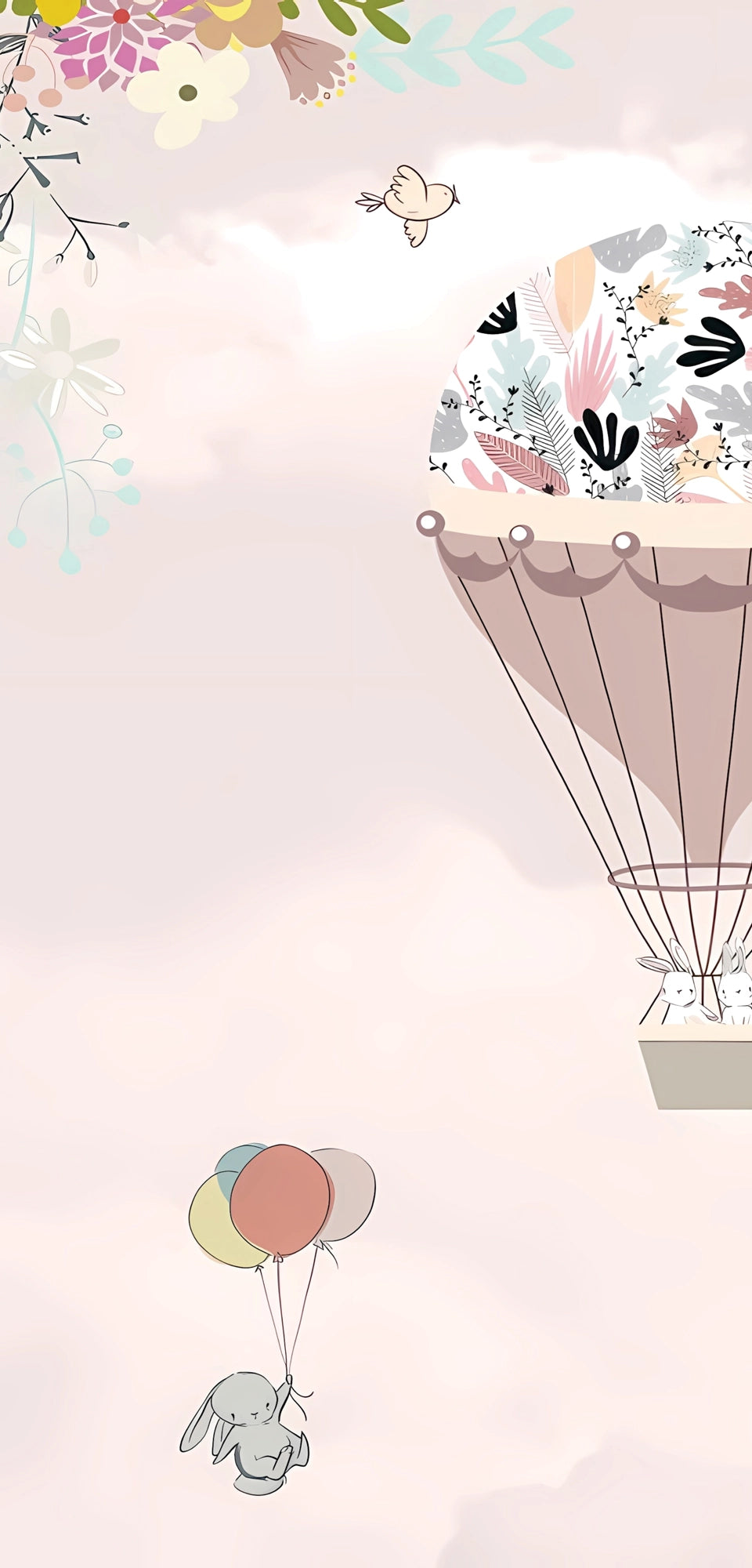 Whimsical pastel-themed marble panel featuring illustrated bunnies floating with balloons, a floral hot air balloon, birds, and dreamy clouds on a soft pink background
