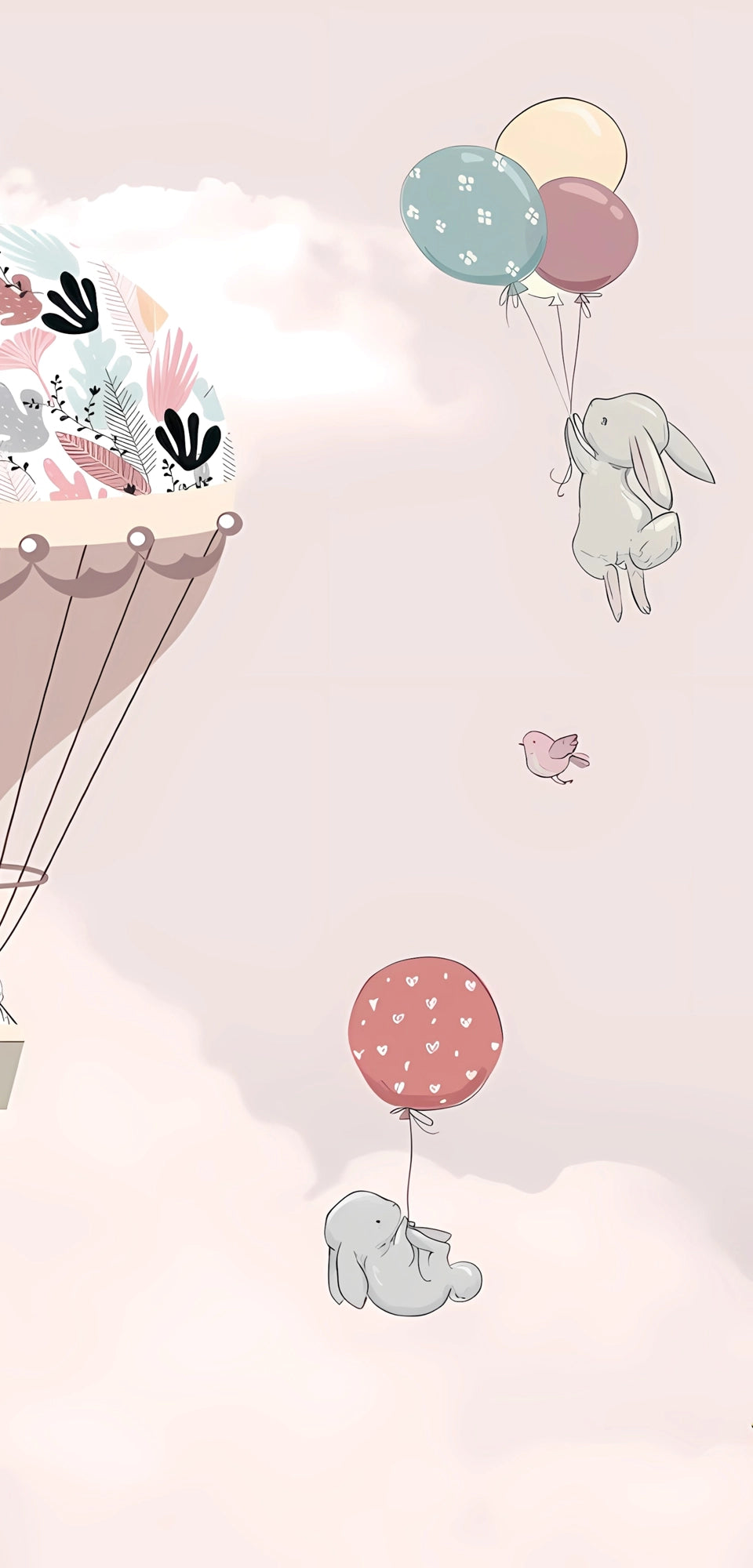 Whimsical pastel-themed marble panel featuring illustrated bunnies floating with balloons, a floral hot air balloon, birds, and dreamy clouds on a soft pink background
