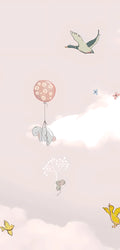 Whimsical pastel-themed marble panel featuring illustrated bunnies floating with balloons, a floral hot air balloon, birds, and dreamy clouds on a soft pink background
