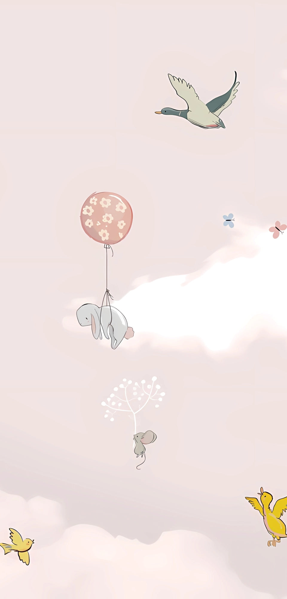 Whimsical pastel-themed marble panel featuring illustrated bunnies floating with balloons, a floral hot air balloon, birds, and dreamy clouds on a soft pink background