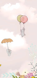 Whimsical pastel-themed marble panel featuring illustrated bunnies floating with balloons, a floral hot air balloon, birds, and dreamy clouds on a soft pink background