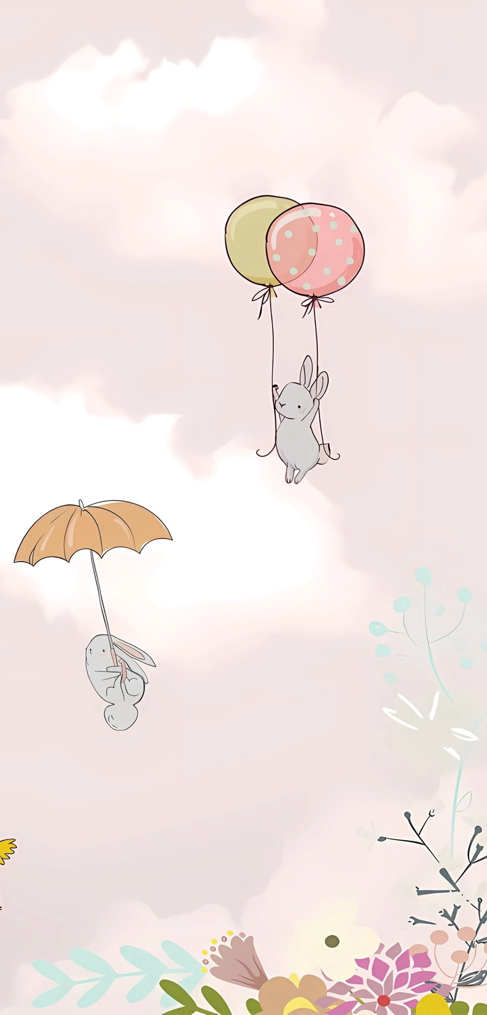 Whimsical pastel-themed marble panel featuring illustrated bunnies floating with balloons, a floral hot air balloon, birds, and dreamy clouds on a soft pink background