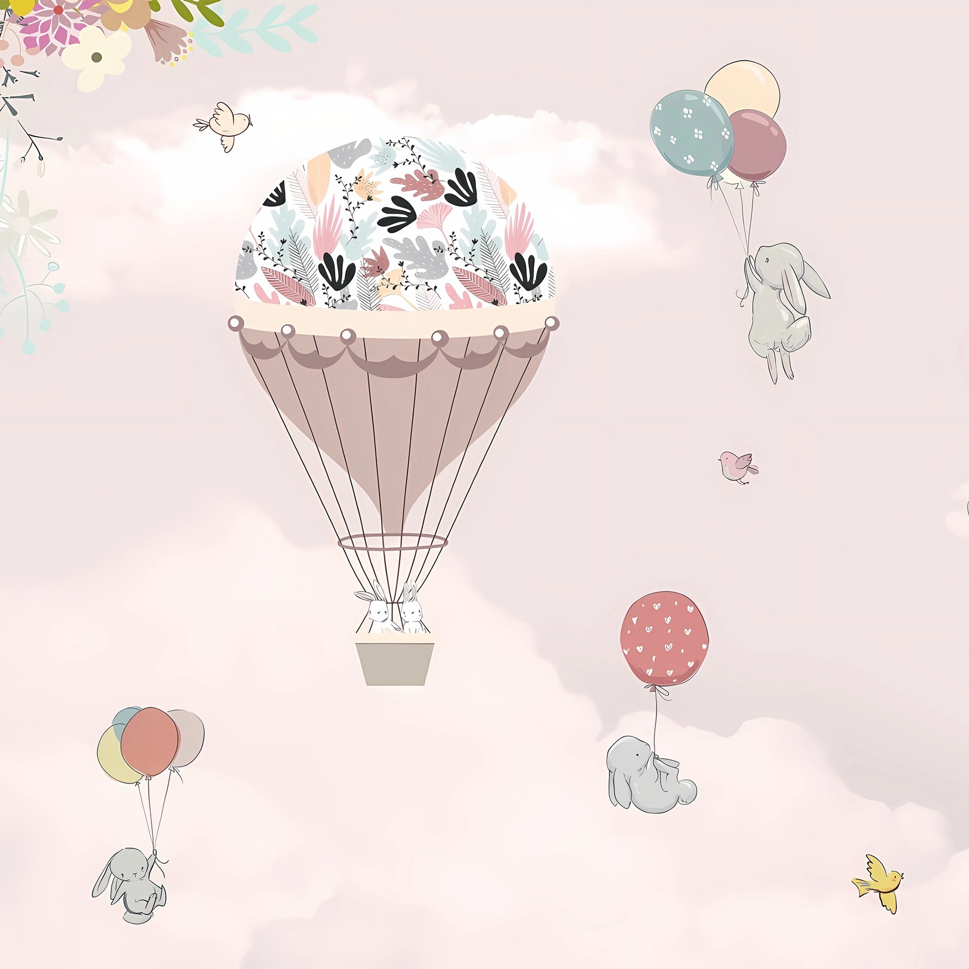 Whimsical pastel-themed marble panel featuring illustrated bunnies floating with balloons, a floral hot air balloon, birds, and dreamy clouds on a soft pink background