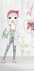 Illustrated fashion-themed marble panel featuring five stylish cartoon girls with accessories, flowers, bike, and pet cat on a white wood background