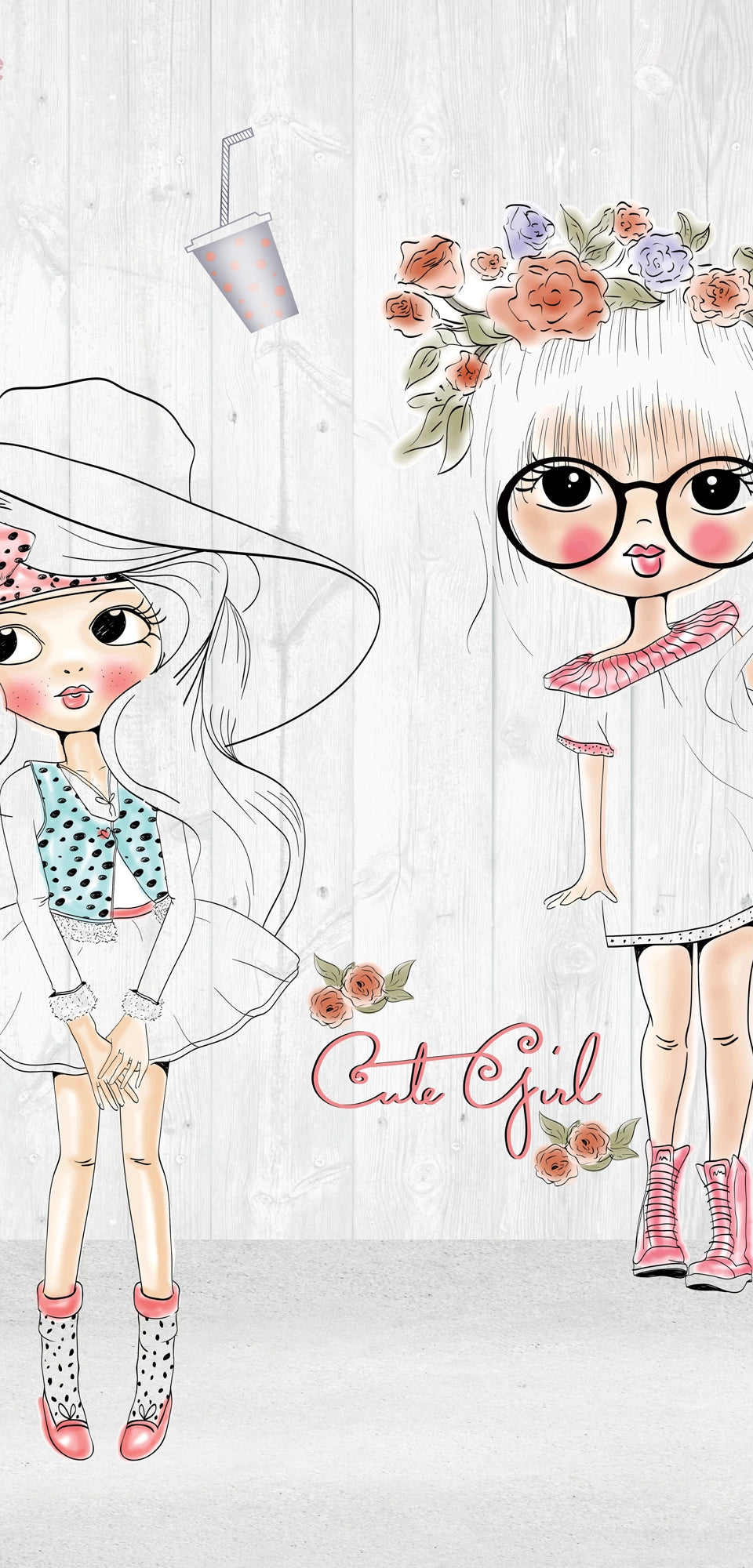 Illustrated fashion-themed marble panel featuring five stylish cartoon girls with accessories, flowers, bike, and pet cat on a white wood background