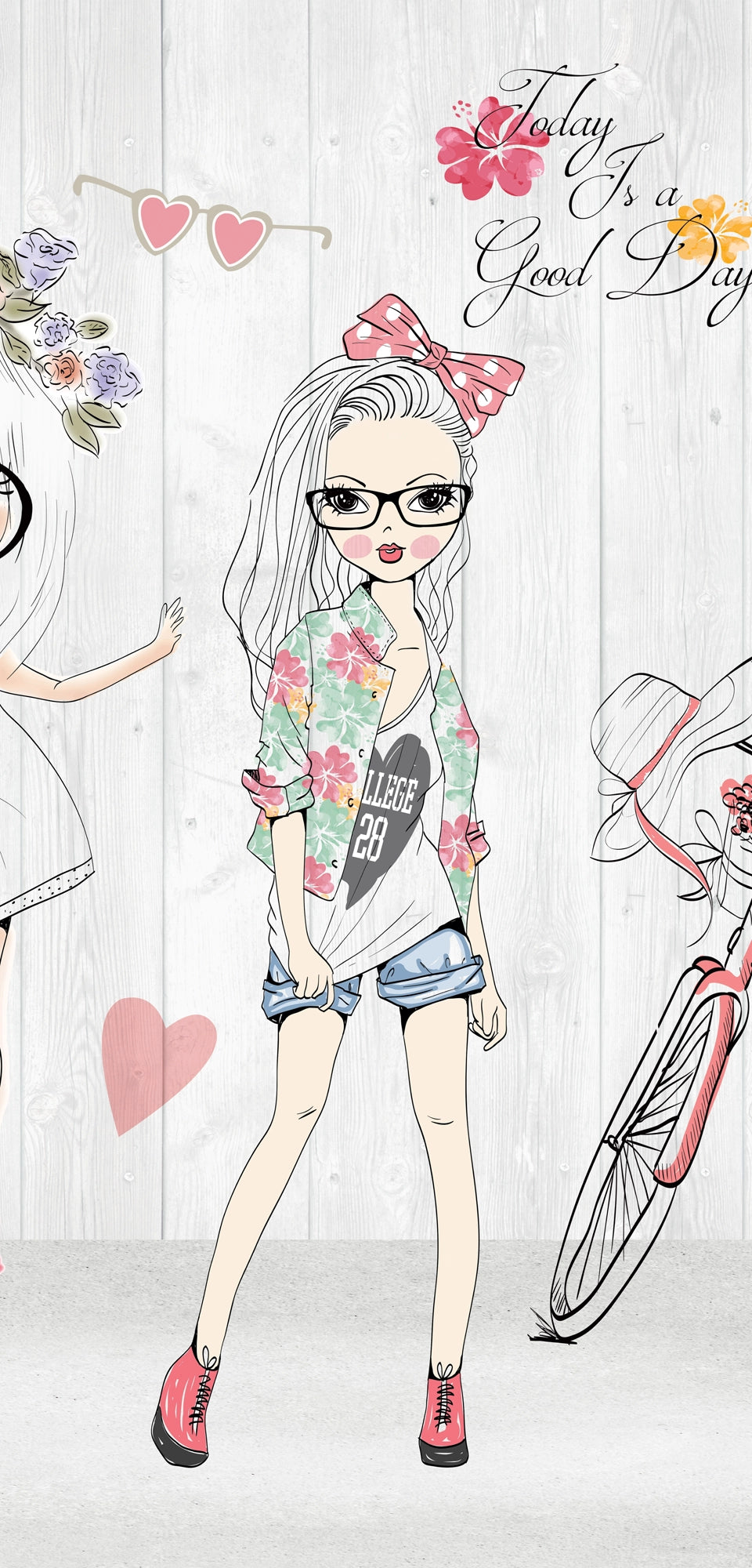 Illustrated fashion-themed marble panel featuring five stylish cartoon girls with accessories, flowers, bike, and pet cat on a white wood background