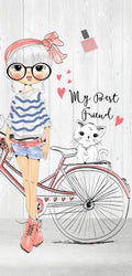 Illustrated fashion-themed marble panel featuring five stylish cartoon girls with accessories, flowers, bike, and pet cat on a white wood background