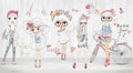 Illustrated fashion-themed marble panel featuring five stylish cartoon girls with accessories, flowers, bike, and pet cat on a white wood background