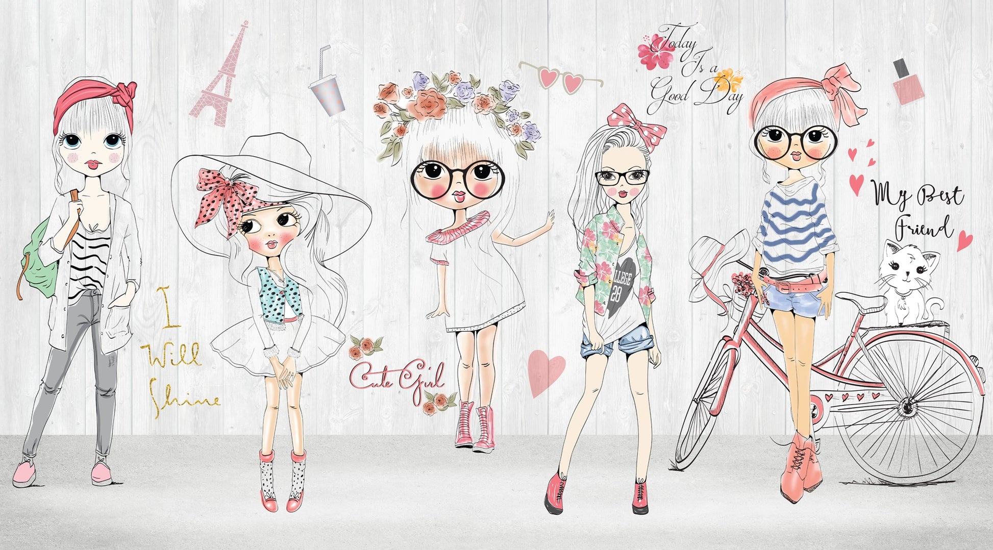 Illustrated fashion-themed marble panel featuring five stylish cartoon girls with accessories, flowers, bike, and pet cat on a white wood background