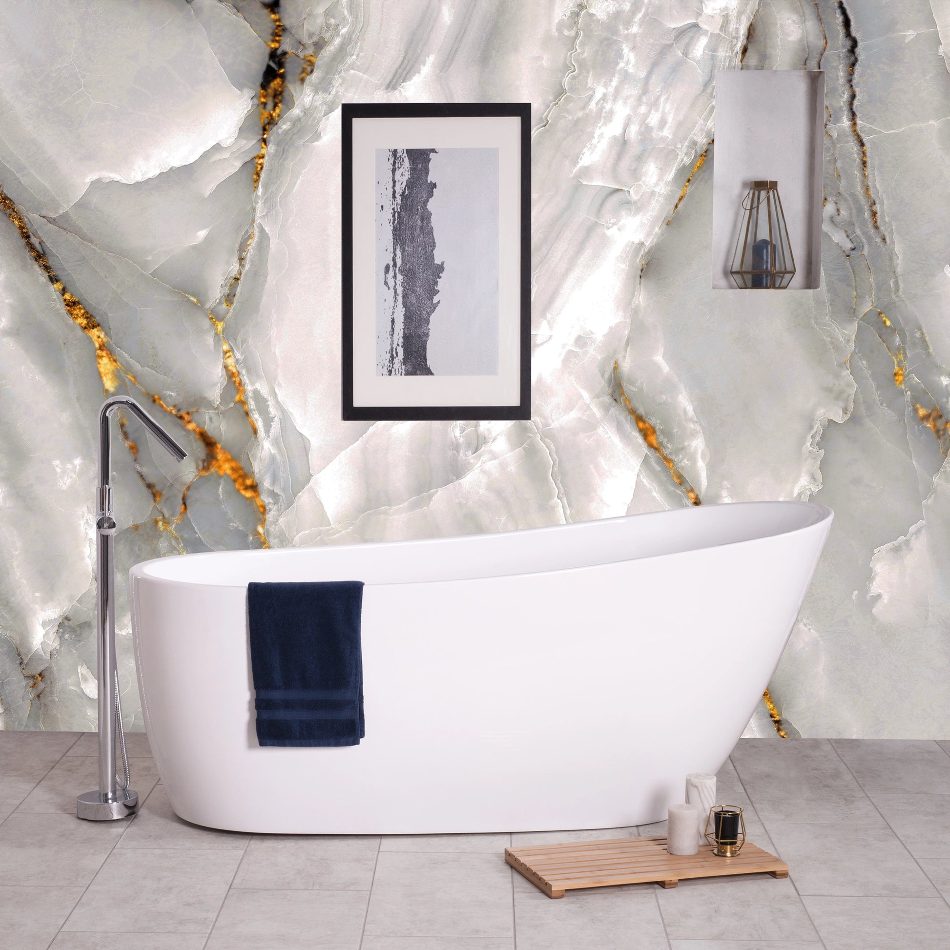 Radiant white marble with rich gold veining — FX38 Calacatta Gold by Dunya Home Design.