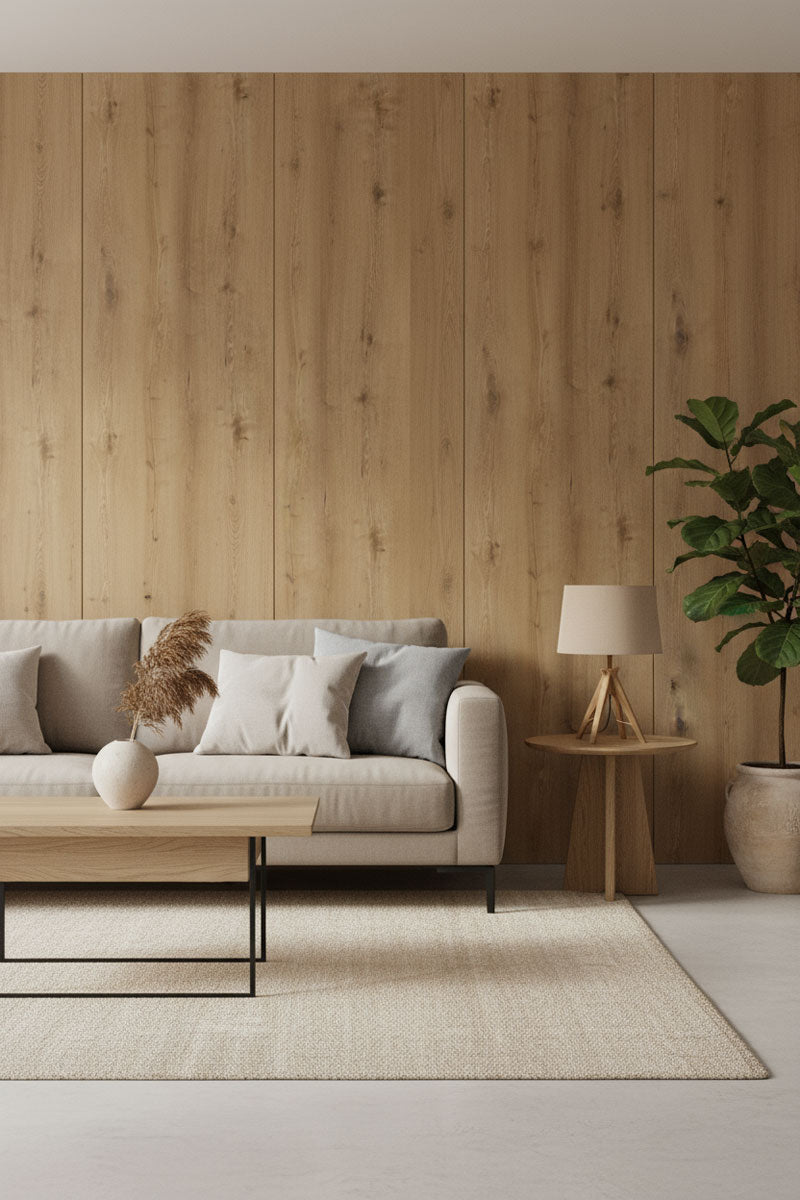 Modern living room with a wooden wall