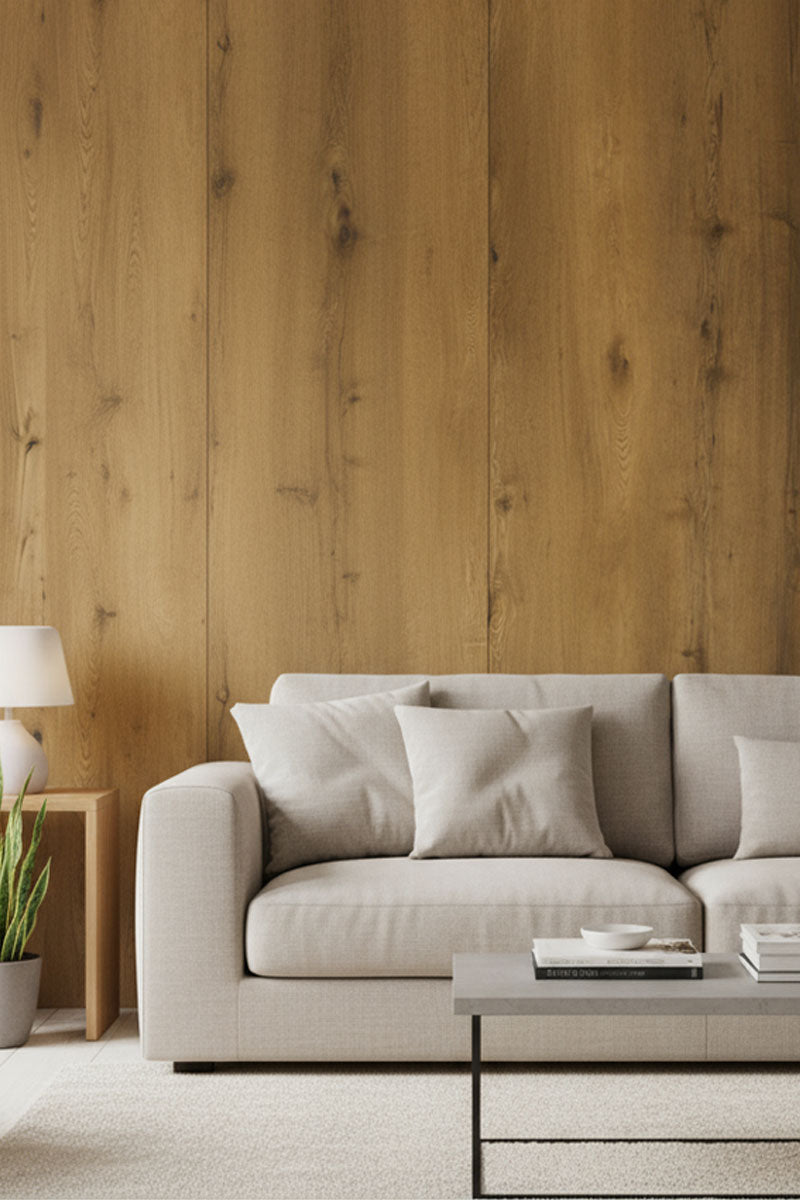 Modern living room with wooden paneled wall.